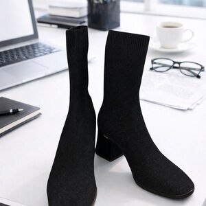 Aldo Black Sock Boot Bootie 7 Preppy Academia Pull On Square Toe Stacked Heel